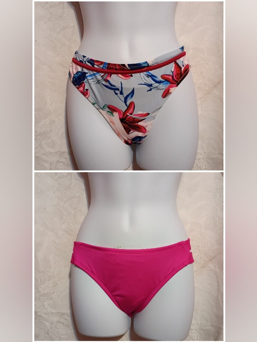 Women's 2 PC Bikini Bottom Bundle-Floral Print & Solid Pink Sz M